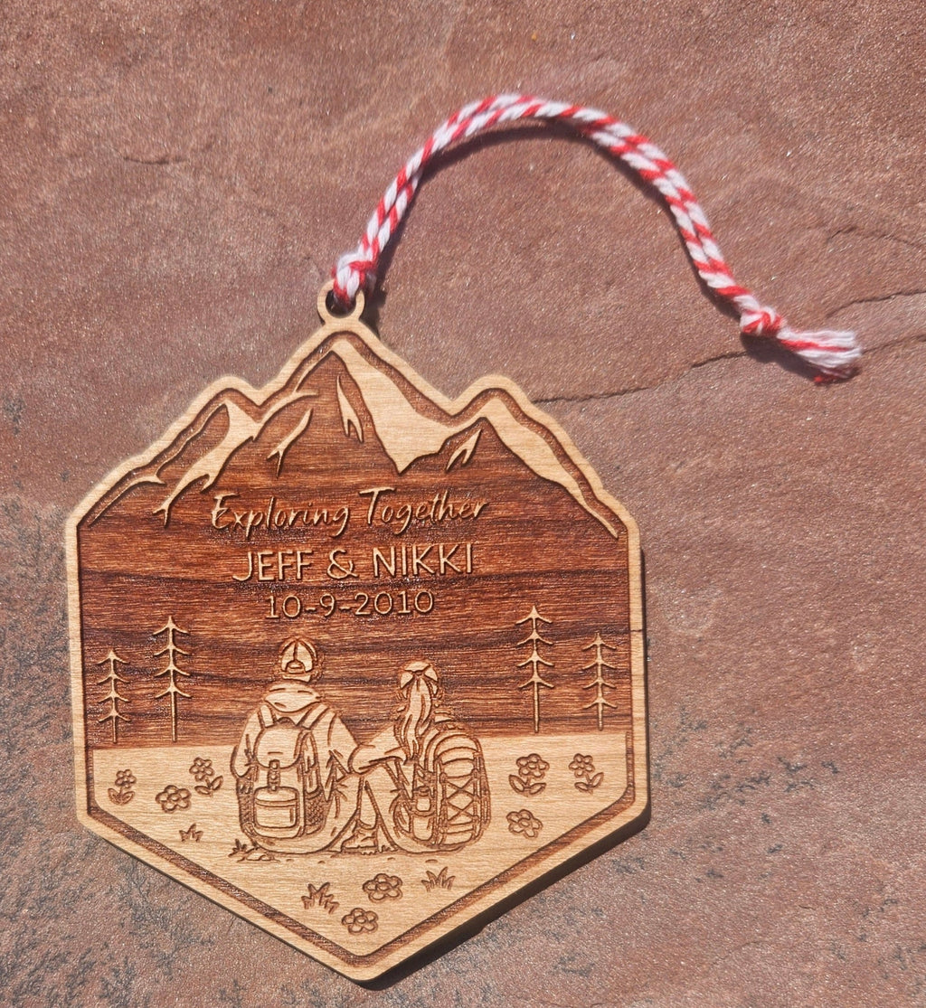 Personalized Couples Christmas Ornament, Custom Couples Holiday Gift, Unique Outdoors Gifts, Newlywed, Anniversary Gifts, Hiking, Backpacking