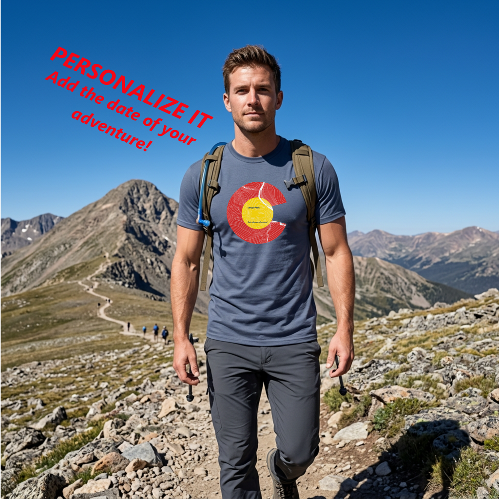 Personalized Longs Peak Colorado Flag 14er Topo Map T-Shirt, Mountain Summit, Climb Colorado, Adventure Gift
