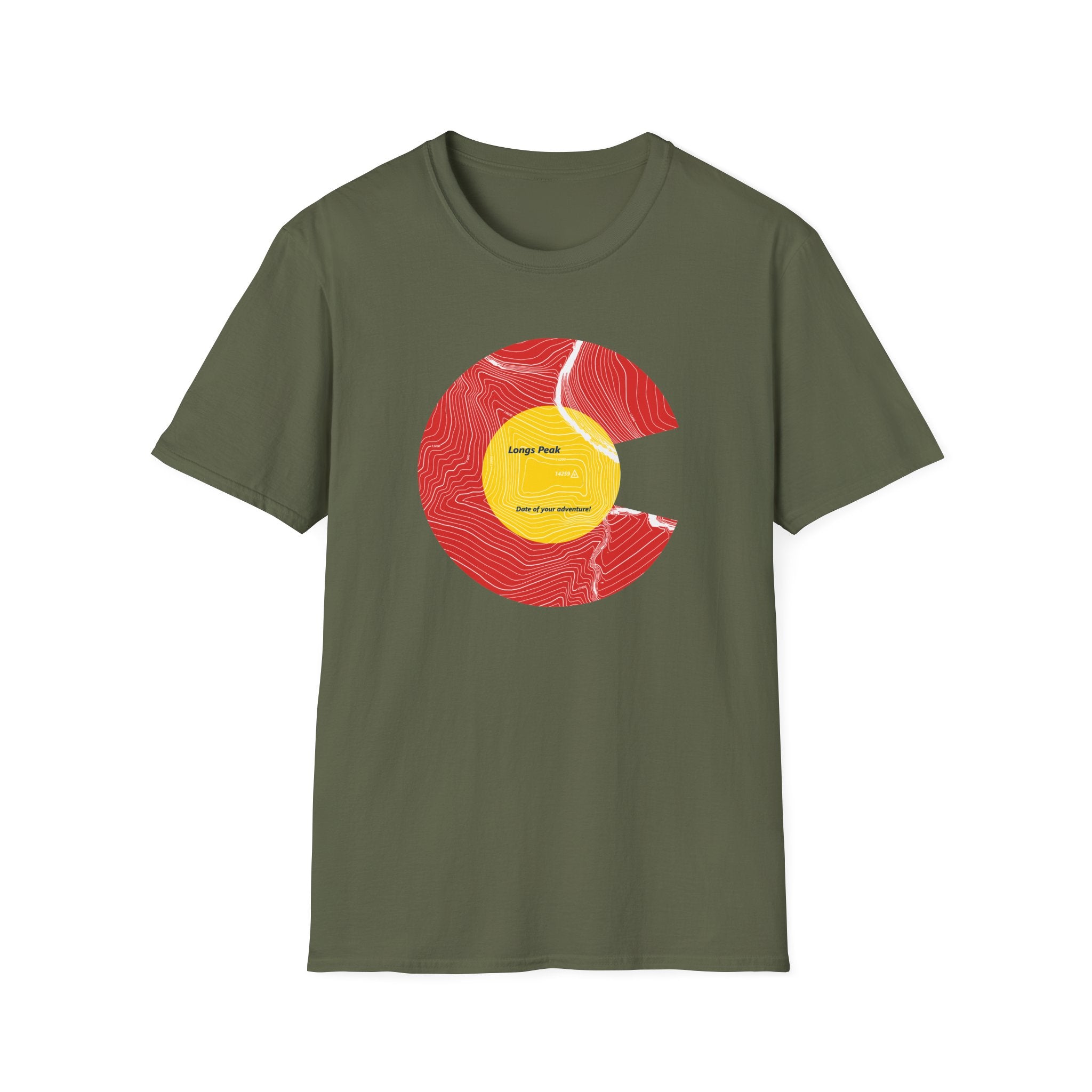 Personalized Longs Peak Colorado Flag 14er Topo Map T-Shirt, Mountain Summit, Climb Colorado, Adventure Gift