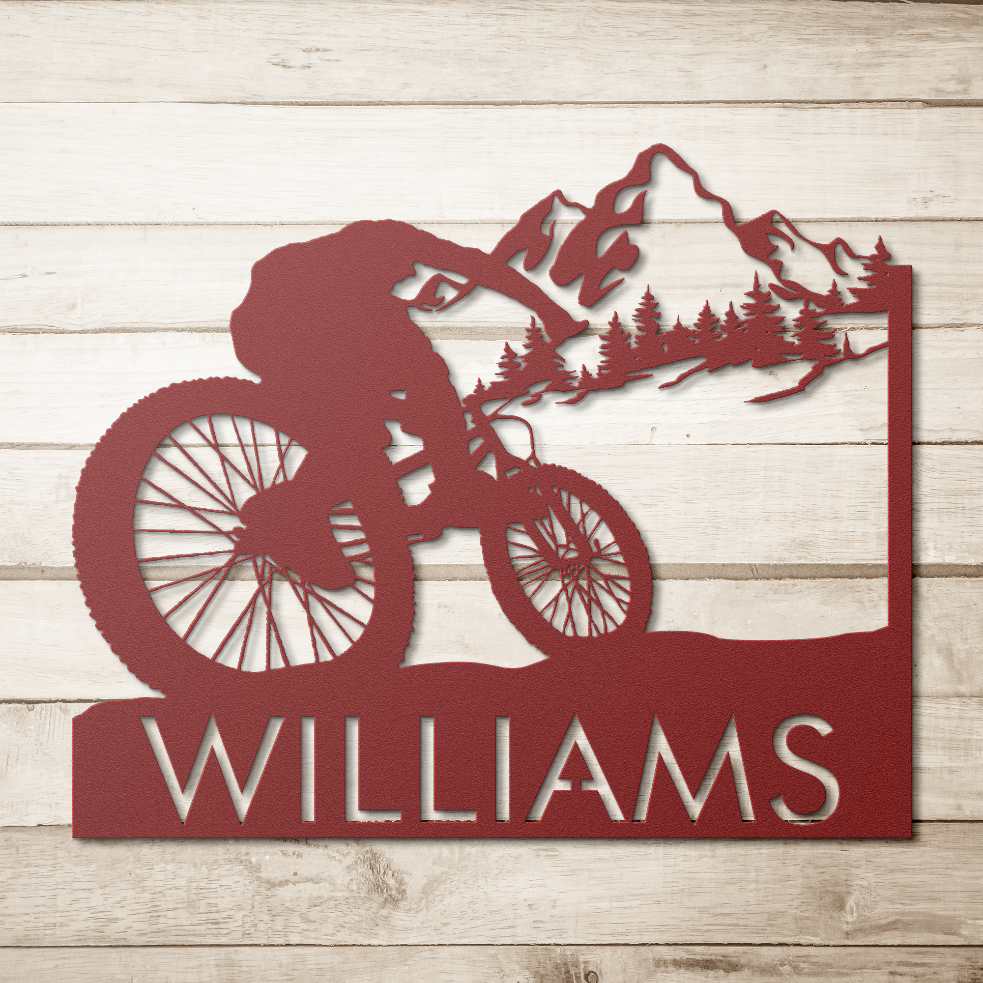 Personalized_Mountain_Bike_Metal_Wall_De_Red_Simple_Wood_BKGD_Mockup.png