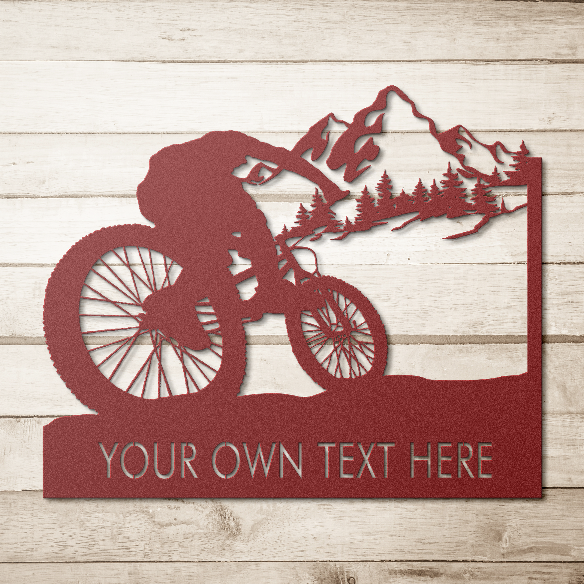 Personalized_Mountain_Bike_Metal_Wall_De_Red_Simple_Wood_BKGD_Mockup.png