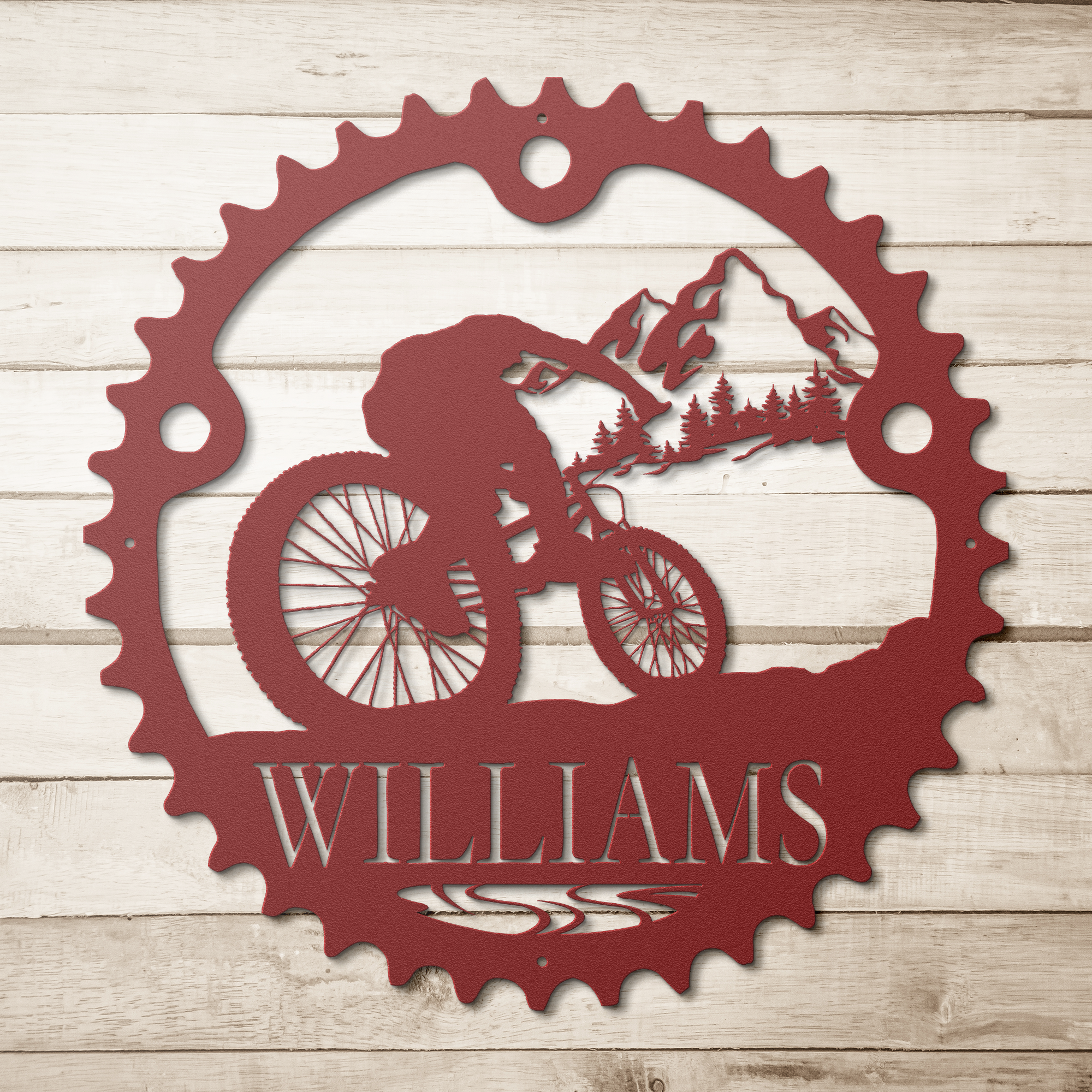 Personalized_Mountain_Biker_Chainring_Me_Red_Simple_Wood_BKGD_Mockup.png