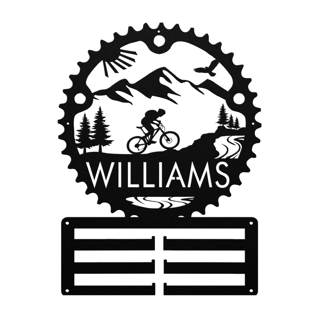 Personalized Mountain Biker Chainring Metal Bike Decor Medal Hanger, Custom Mountain Biker Gift, Metal Bike Wall Art, Home Decor Black