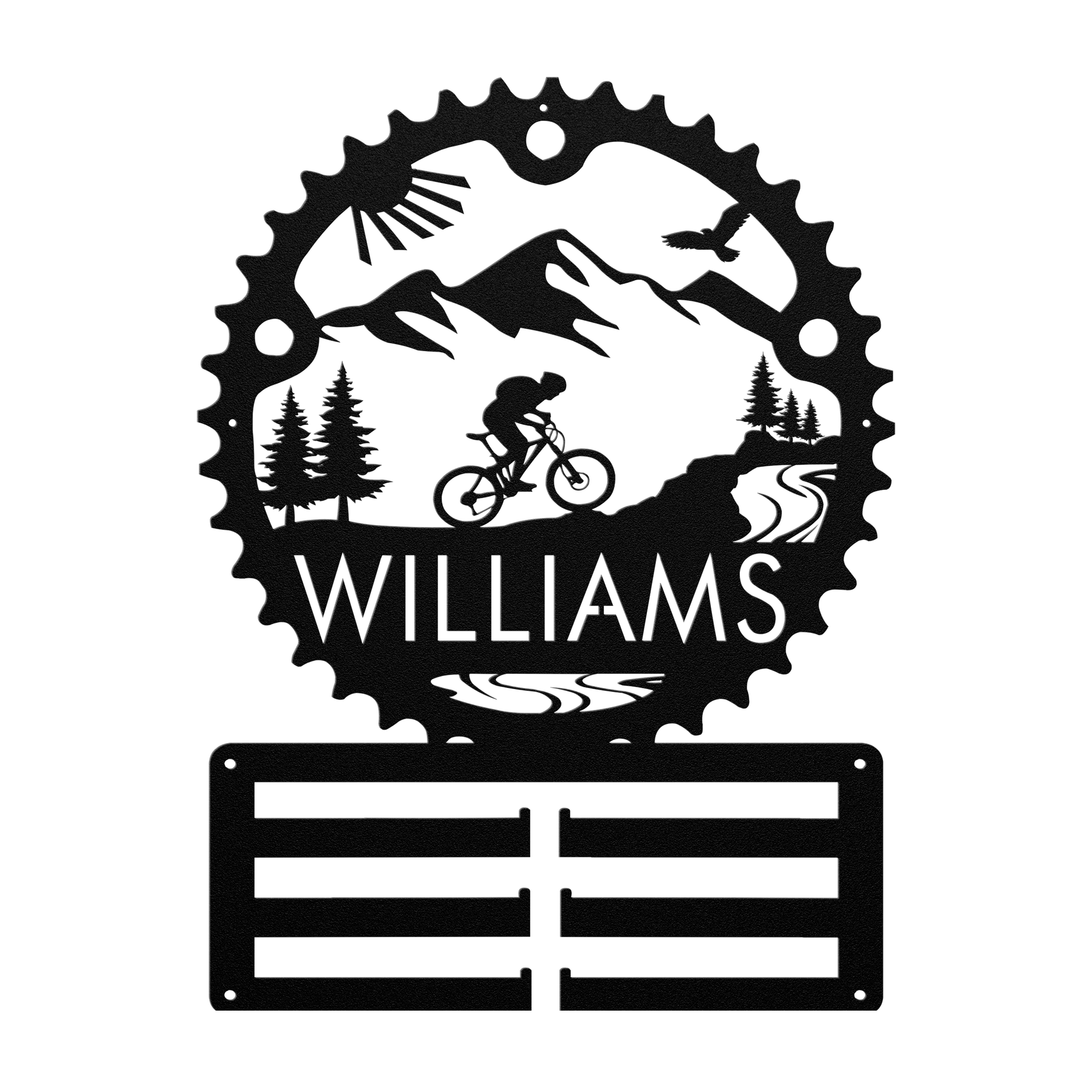 Personalized Mountain Biker Chainring Metal Bike Decor Medal Hanger, Custom Mountain Biker Gift, Metal Bike Wall Art, Home Decor Black