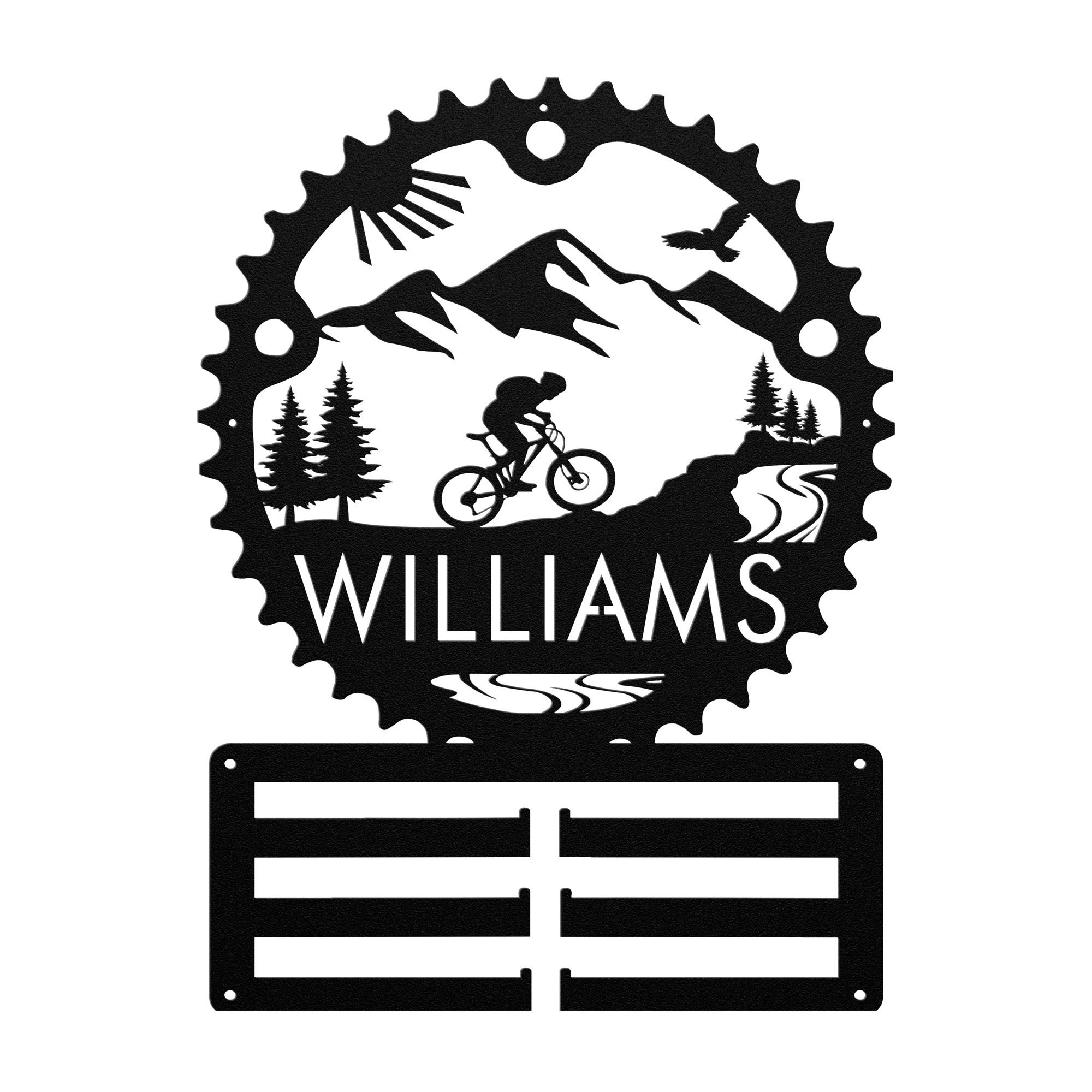 Personalized Mountain Biker Chainring Metal Bike Decor Medal Hanger, Custom Mountain Biker Gift, Metal Bike Wall Art, Home Decor Black