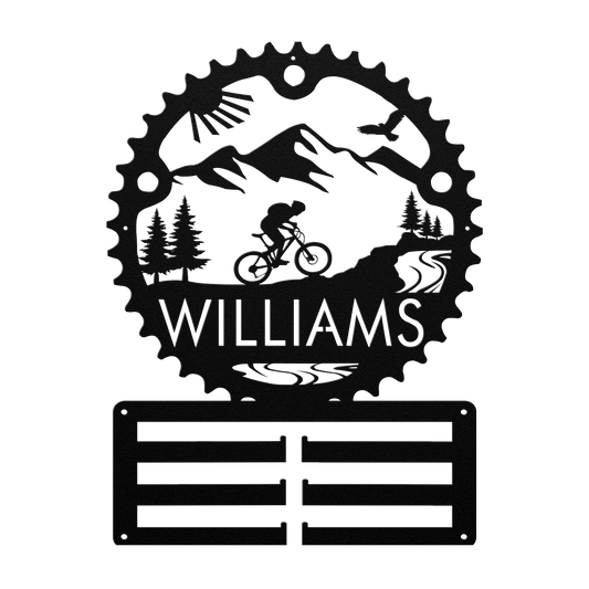 Personalized Mountain Biker Chainring Metal Bike Decor Medal Hanger, Custom Mountain Biker Gift, Metal Bike Wall Art, Home Decor Black