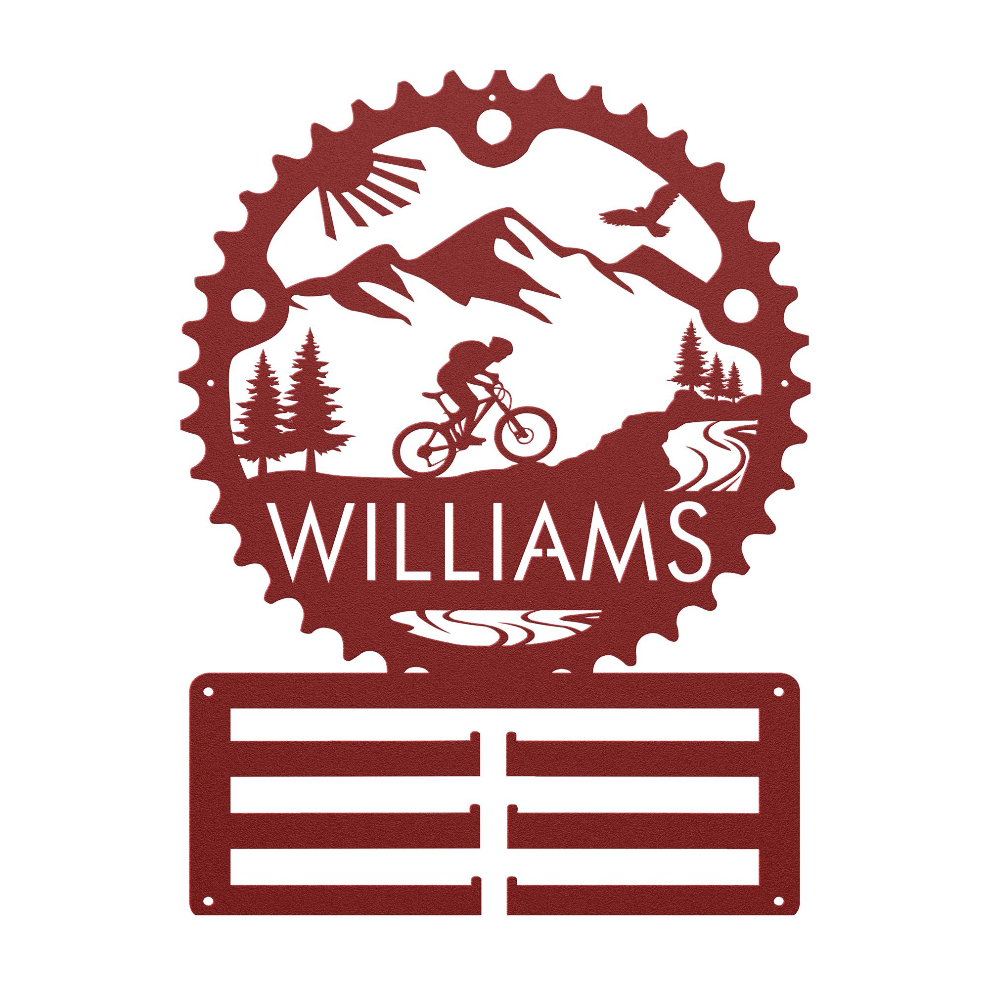 Personalized Mountain Biker Chainring Metal Bike Decor Medal Hanger, Custom Mountain Biker Gift, Metal Bike Wall Art, Home Decor Red