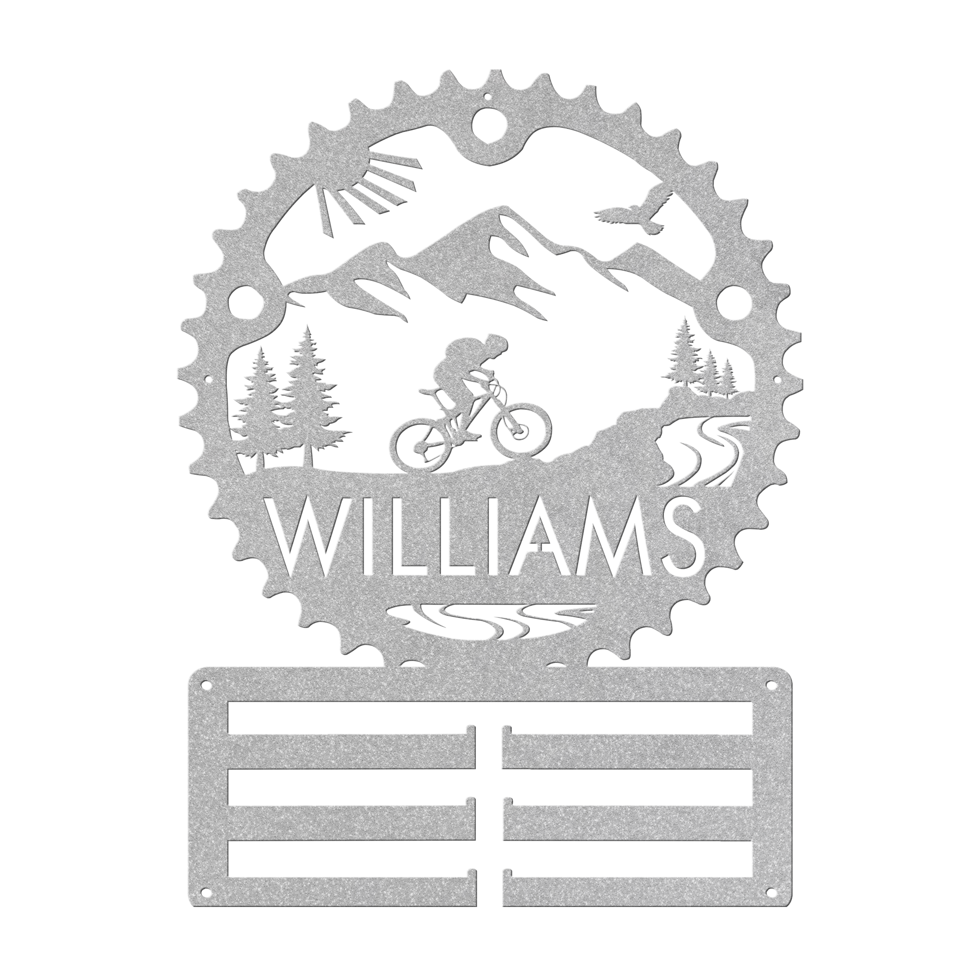 Personalized Mountain Biker Chainring Metal Bike Decor Medal Hanger, Custom Mountain Biker Gift, Metal Bike Wall Art, Home Decor Silver