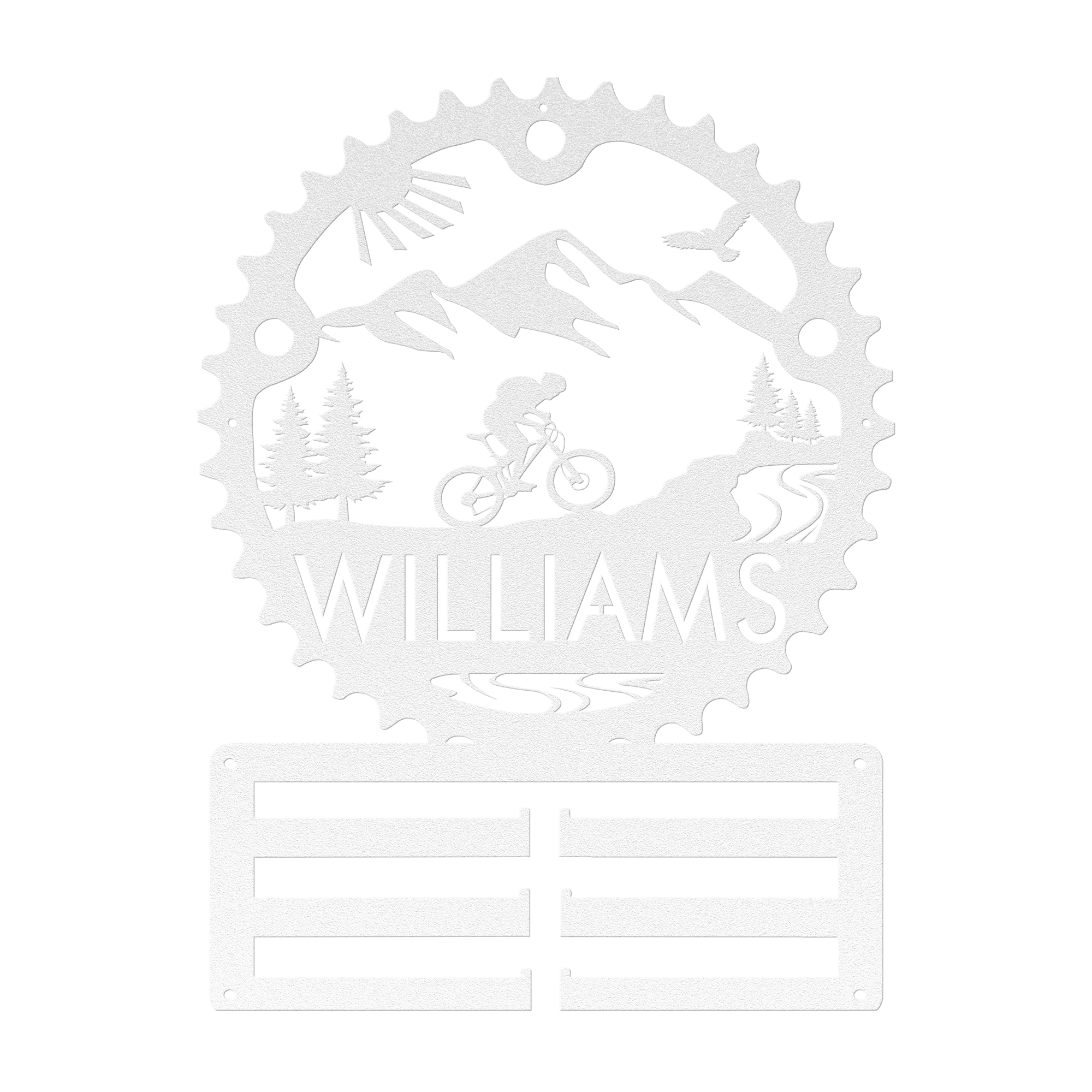 Personalized Mountain Biker Chainring Metal Bike Decor Medal Hanger, Custom Mountain Biker Gift, Metal Bike Wall Art, Home Decor White