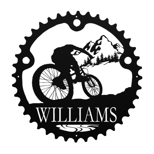 Personalized Mountain Biker Chainring Metal Bike Scenic Home Decor, Custom Mountain Biker Gift, Metal Bike Wall Art, Home Decor Black