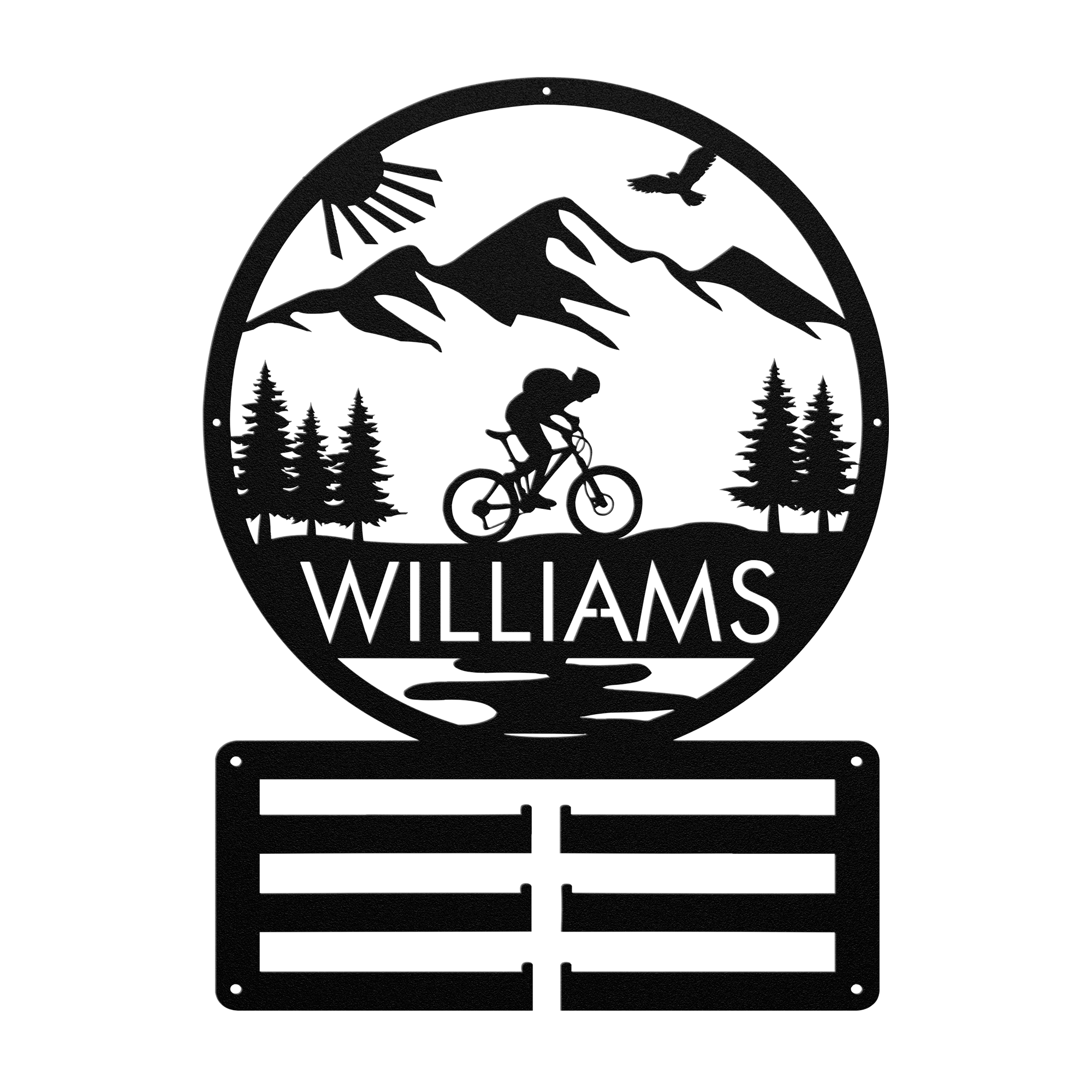 Personalized Mountain Biker Medal Holder Metal Wall Decor, Custom Text Mountain Biker Gift, Mnt Bike Medal Hanger Black