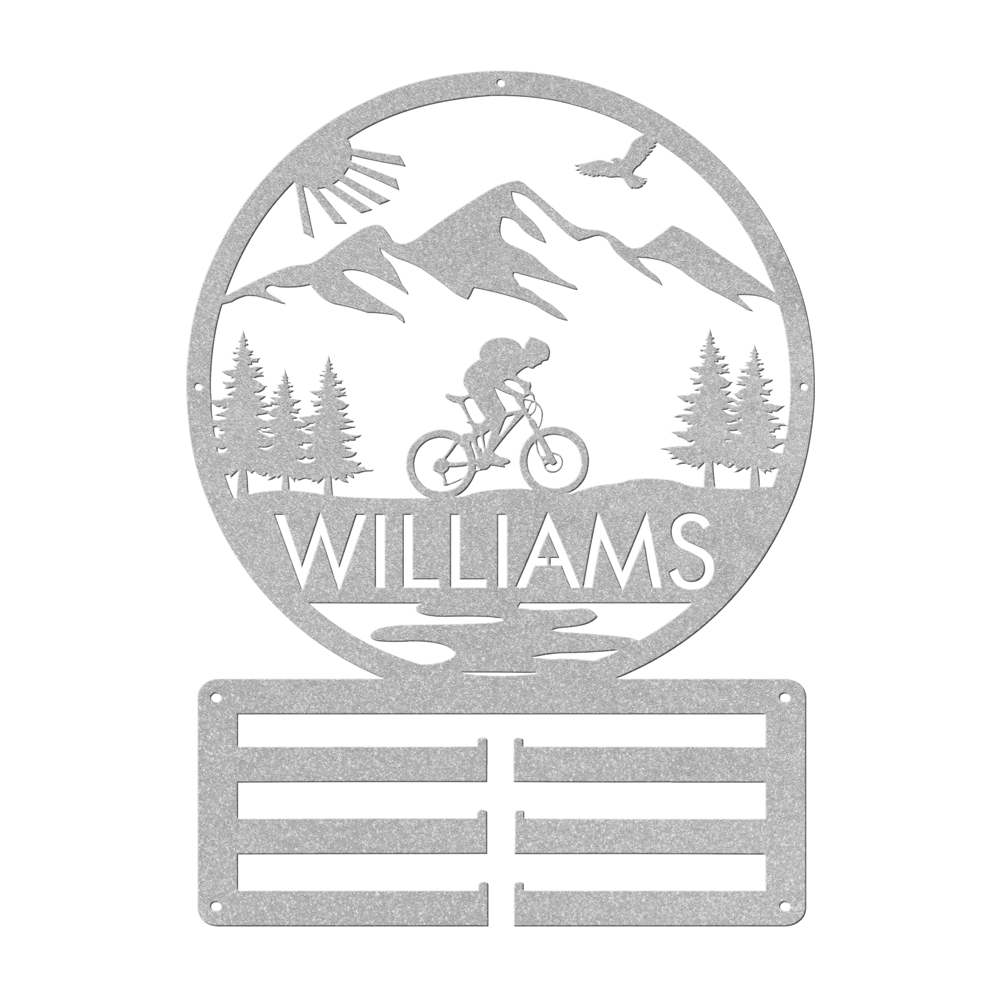 Personalized Mountain Biker Medal Holder Metal Wall Decor, Custom Text Mountain Biker Gift, Mnt Bike Medal Hanger Silver
