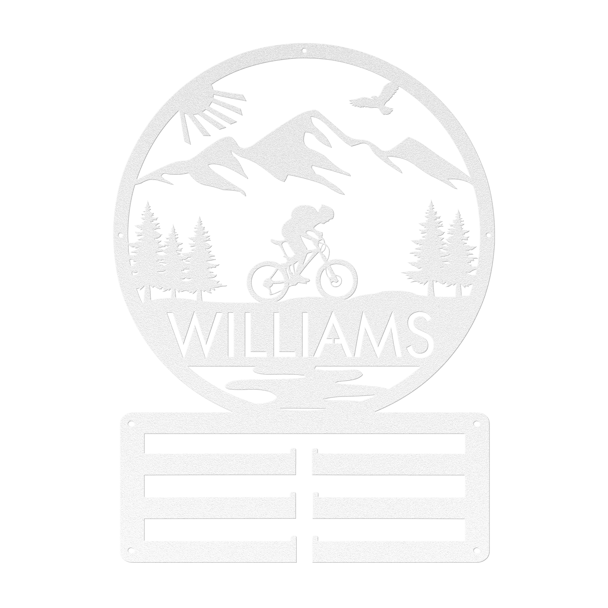 Personalized Mountain Biker Medal Holder Metal Wall Decor, Custom Text Mountain Biker Gift, Mnt Bike Medal Hanger White