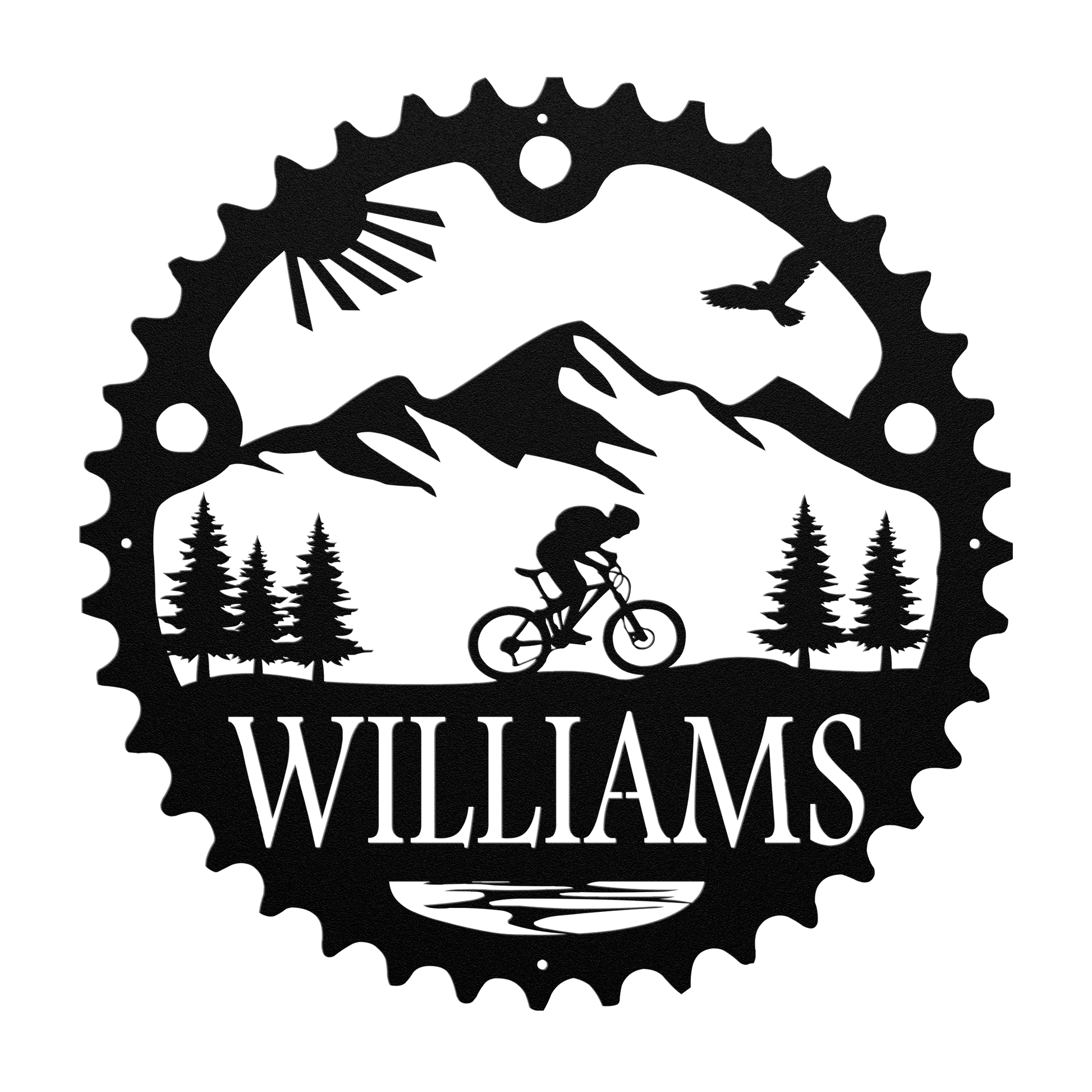 Personalized Scenic Mountain Biker Chainring Metal Bike Decor, Custom Mountain Biker Gift, Metal Bike Wall Art, Home Decor Black