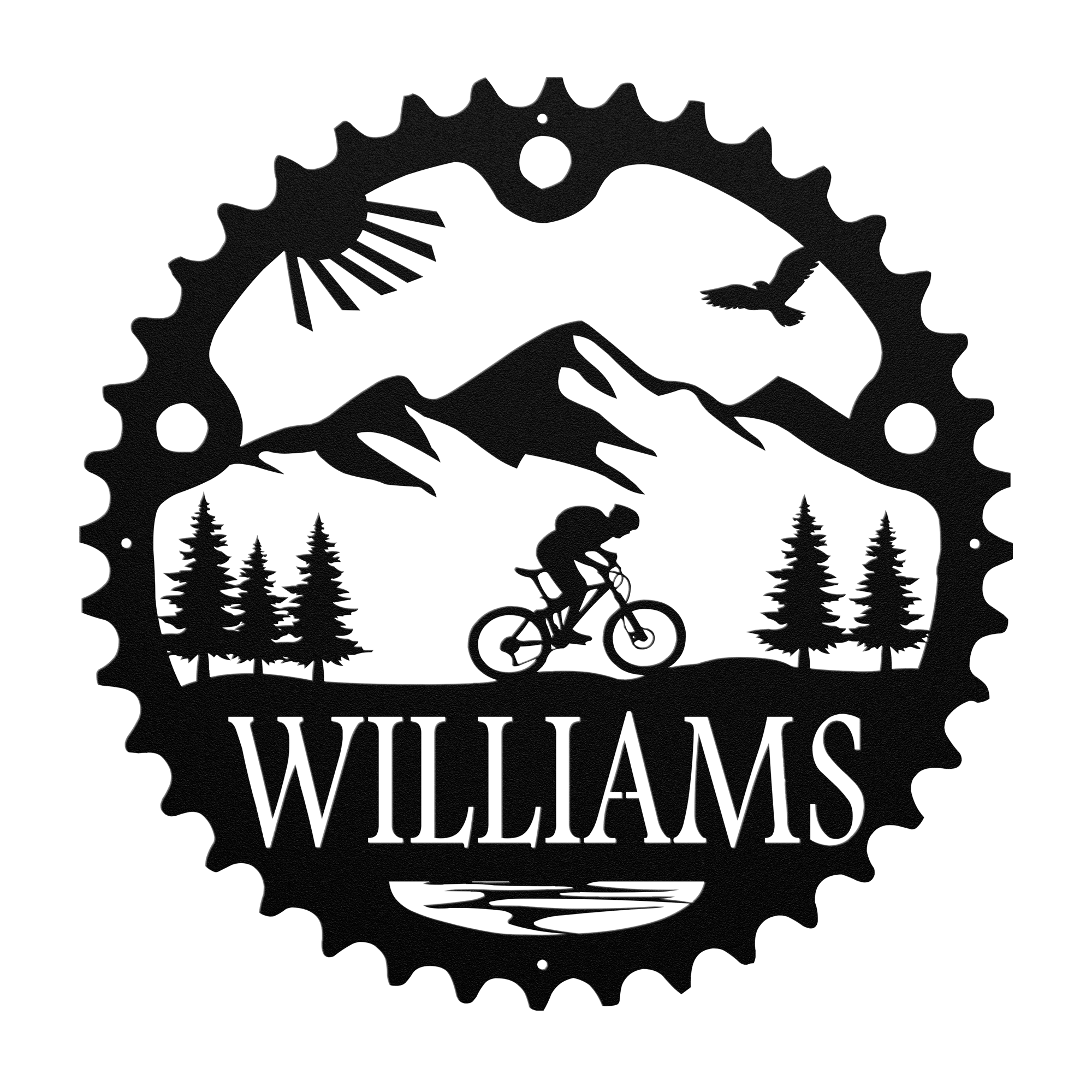 Personalized Scenic Mountain Biker Chainring Metal Bike Decor, Custom Mountain Biker Gift, Metal Bike Wall Art, Home Decor Black