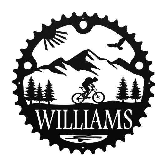 Personalized Scenic Mountain Biker Chainring Metal Bike Decor, Custom Mountain Biker Gift, Metal Bike Wall Art, Home Decor Black