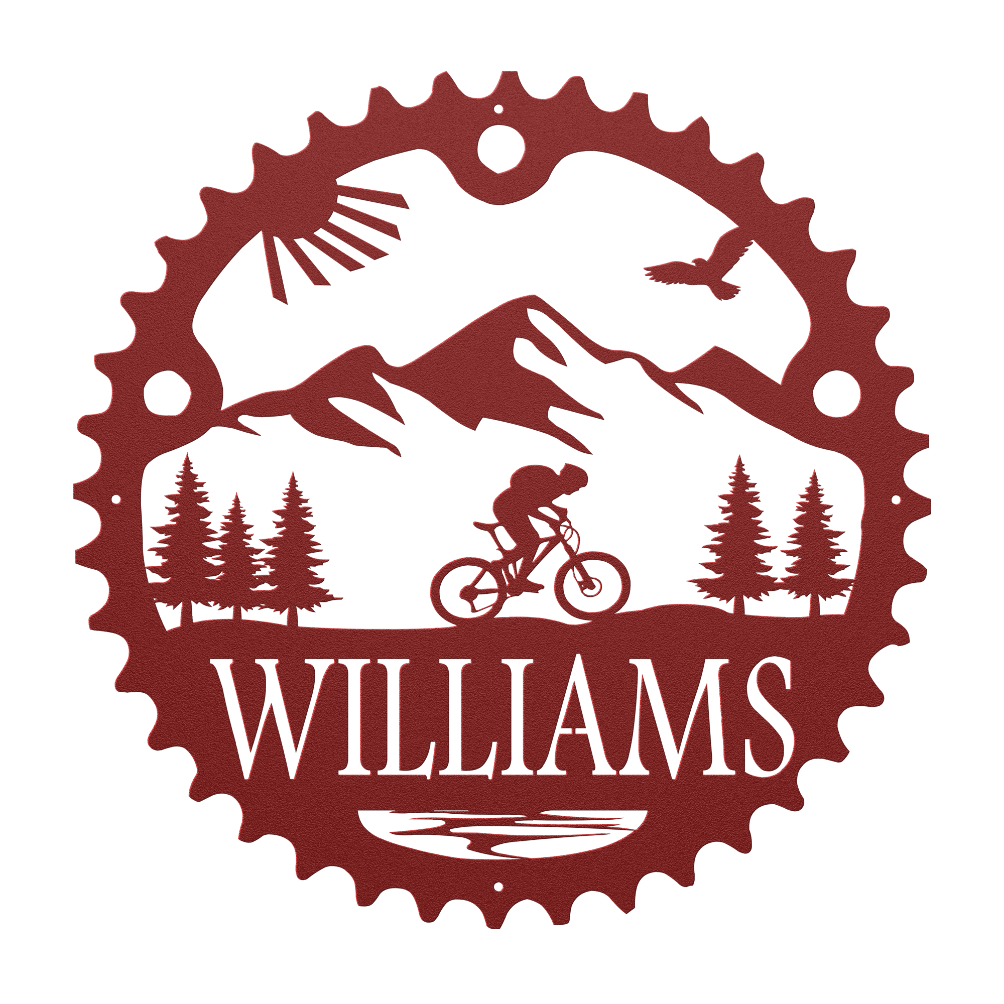 Personalized Scenic Mountain Biker Chainring Metal Bike Decor, Custom Mountain Biker Gift, Metal Bike Wall Art, Home Decor Red