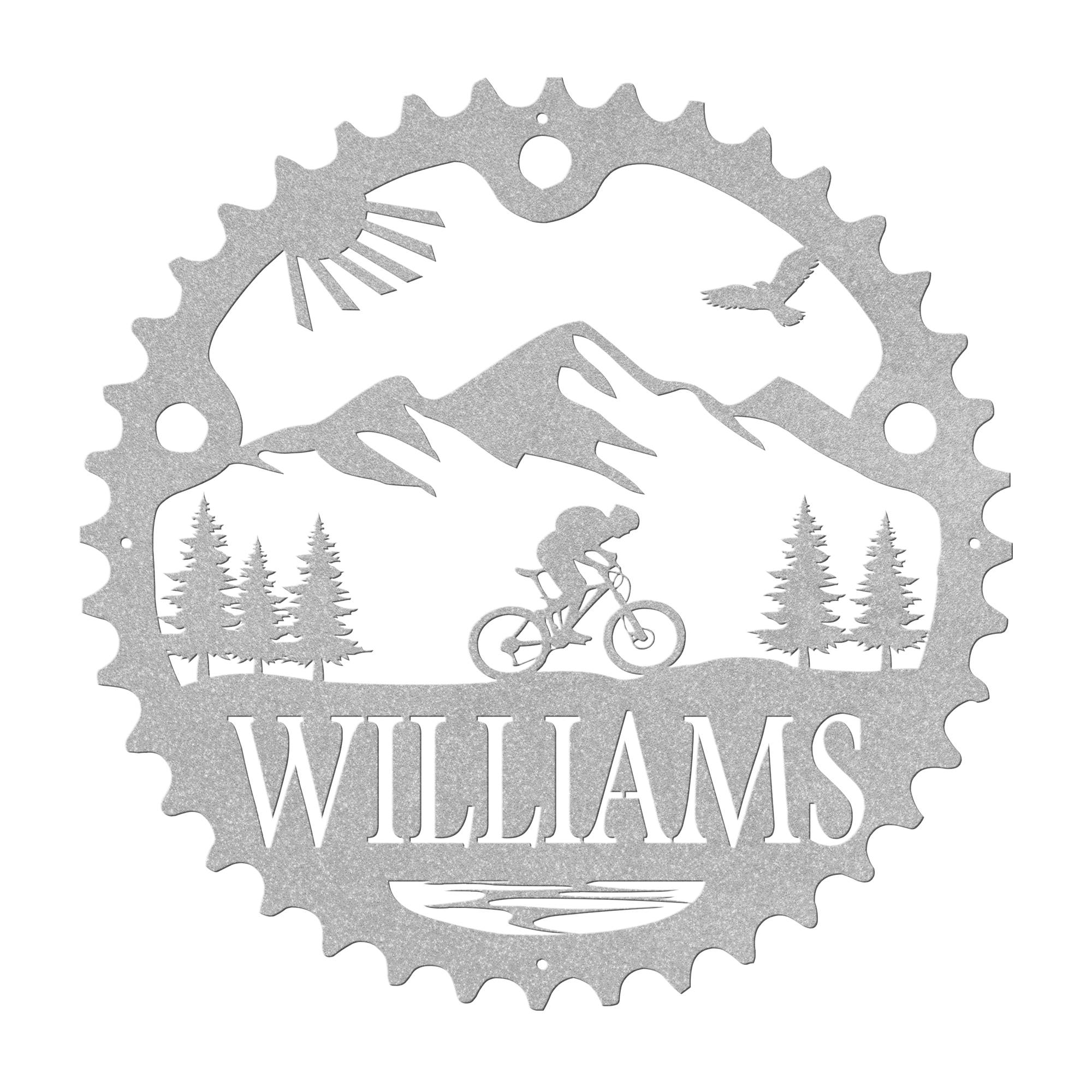 Personalized Scenic Mountain Biker Chainring Metal Bike Decor, Custom Mountain Biker Gift, Metal Bike Wall Art, Home Decor Silver
