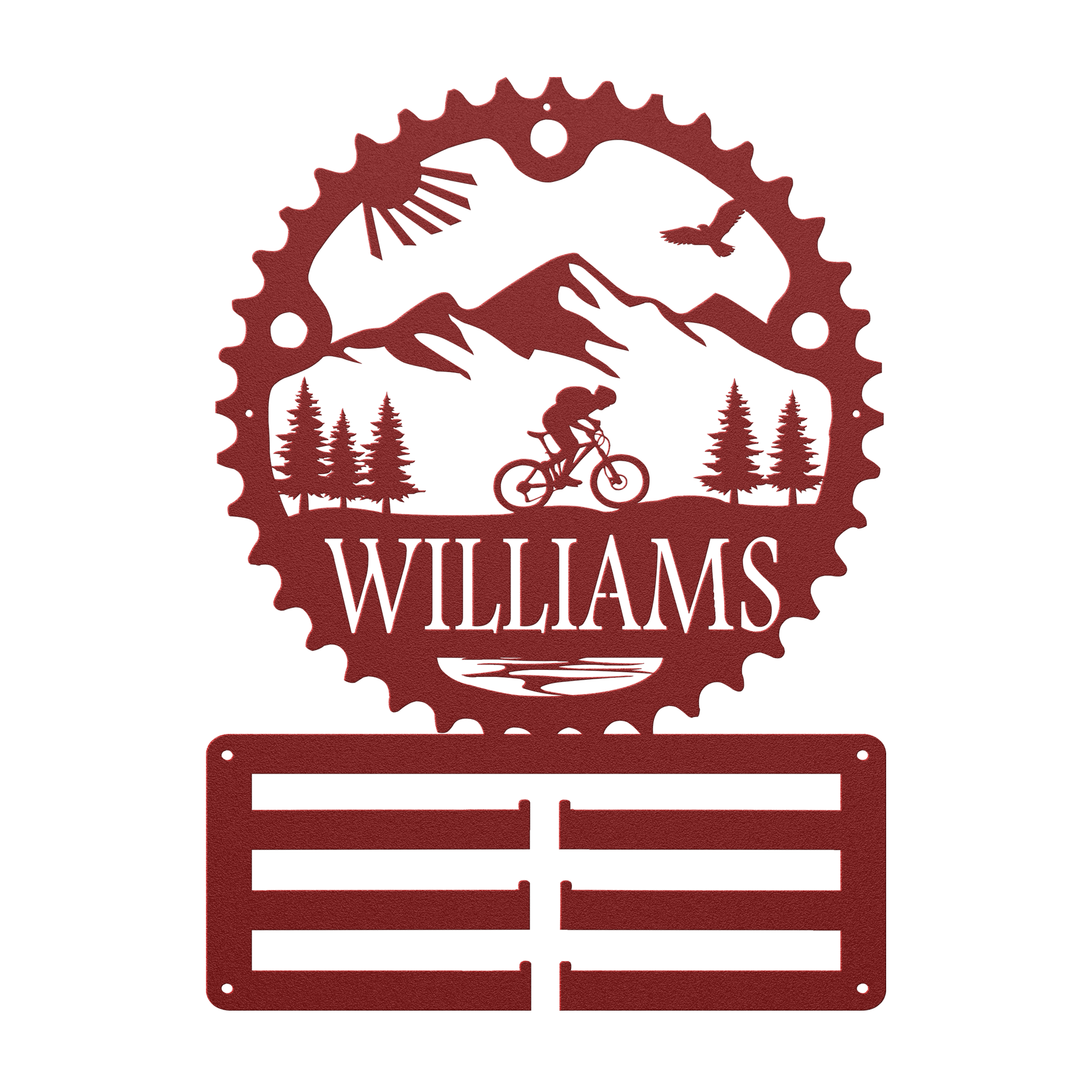 Personalized Scenic Mountain Biker Chainring Metal Bike Decor Medal Hanger, Custom Mountain Biker Gift, Metal Bike Wall Art, Home Decor Red