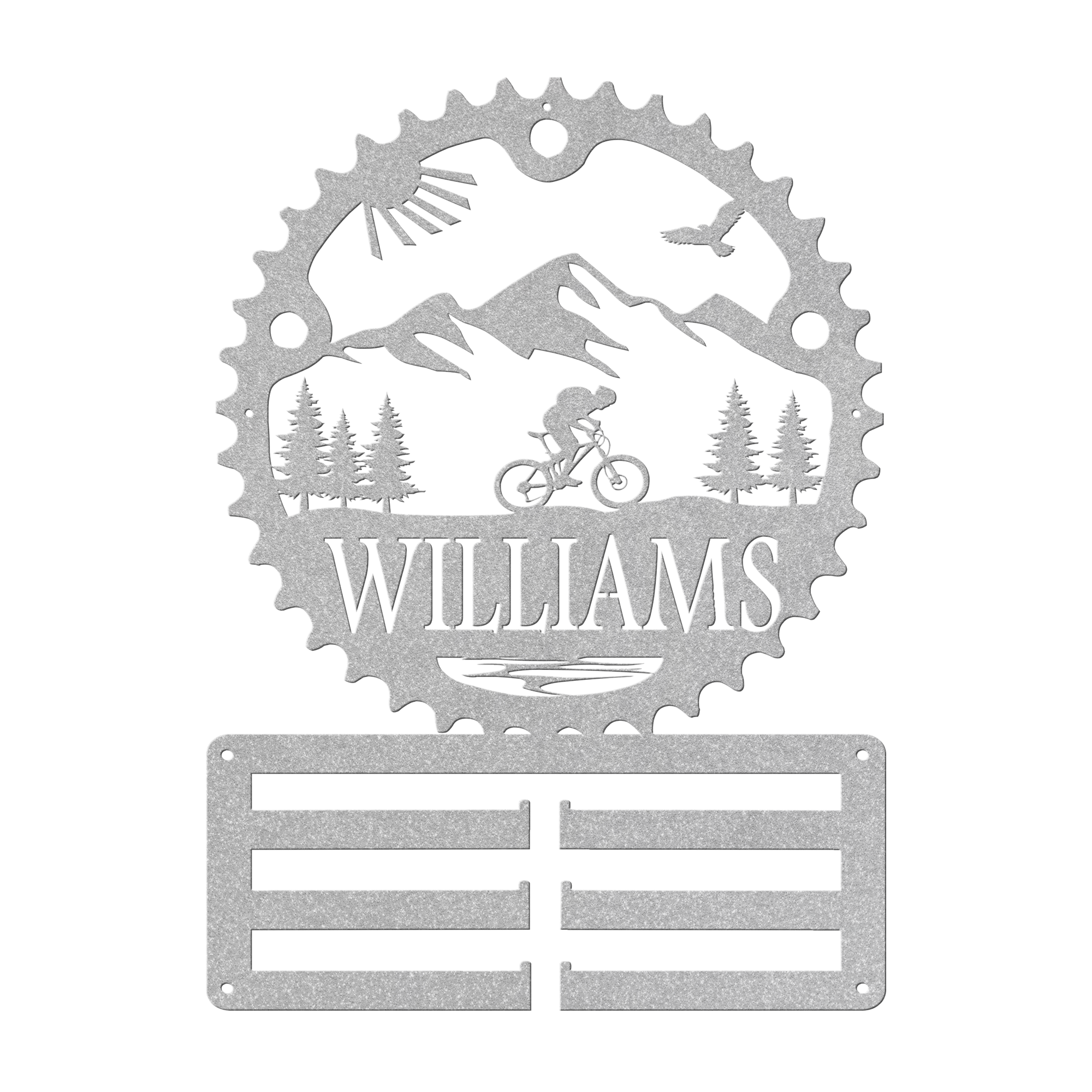 Personalized Scenic Mountain Biker Chainring Metal Bike Decor Medal Hanger, Custom Mountain Biker Gift, Metal Bike Wall Art, Home Decor Silver