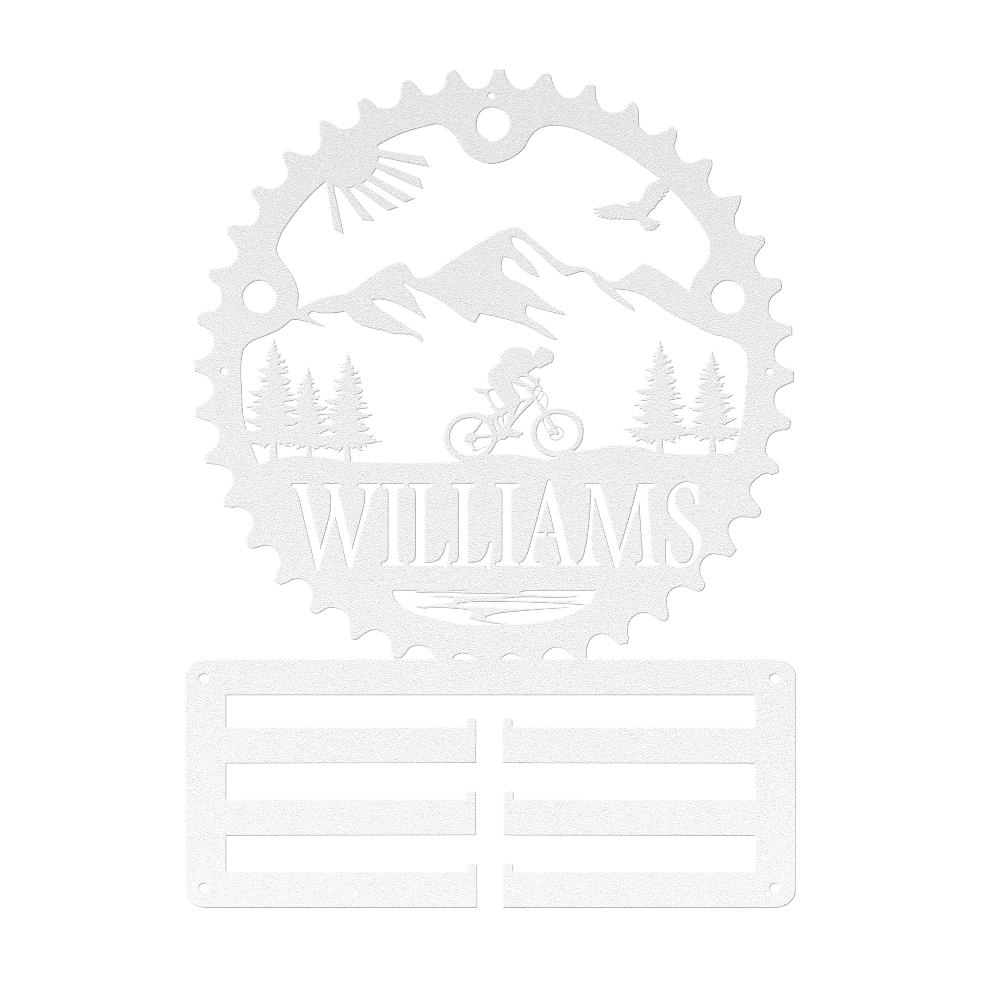 Personalized Scenic Mountain Biker Chainring Metal Bike Decor Medal Hanger, Custom Mountain Biker Gift, Metal Bike Wall Art, Home Decor White
