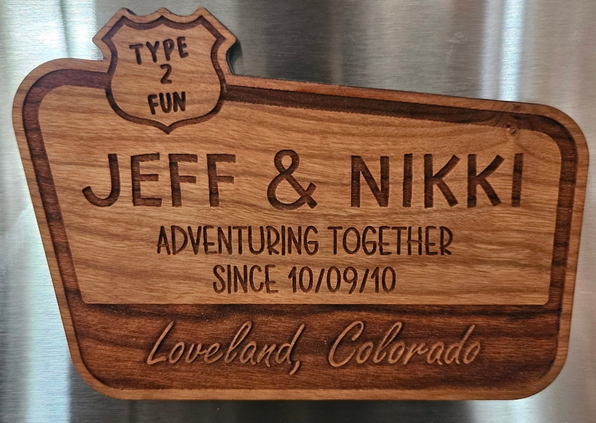 Personalized Team or Couple Adventuring Wood Fridge Magnet With Road Sign Icon Options