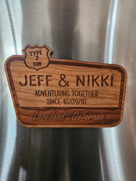Personalized Team or Couple Adventuring Wood Fridge Magnet With Road Sign Icon Options