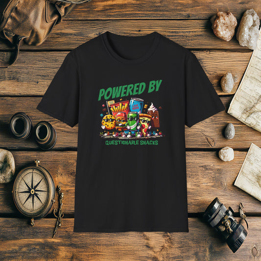 Powered By Questionable Snacks, Funny, Sarcasm, Adventure T-Shirt Gift, Adventure Racing Gift
