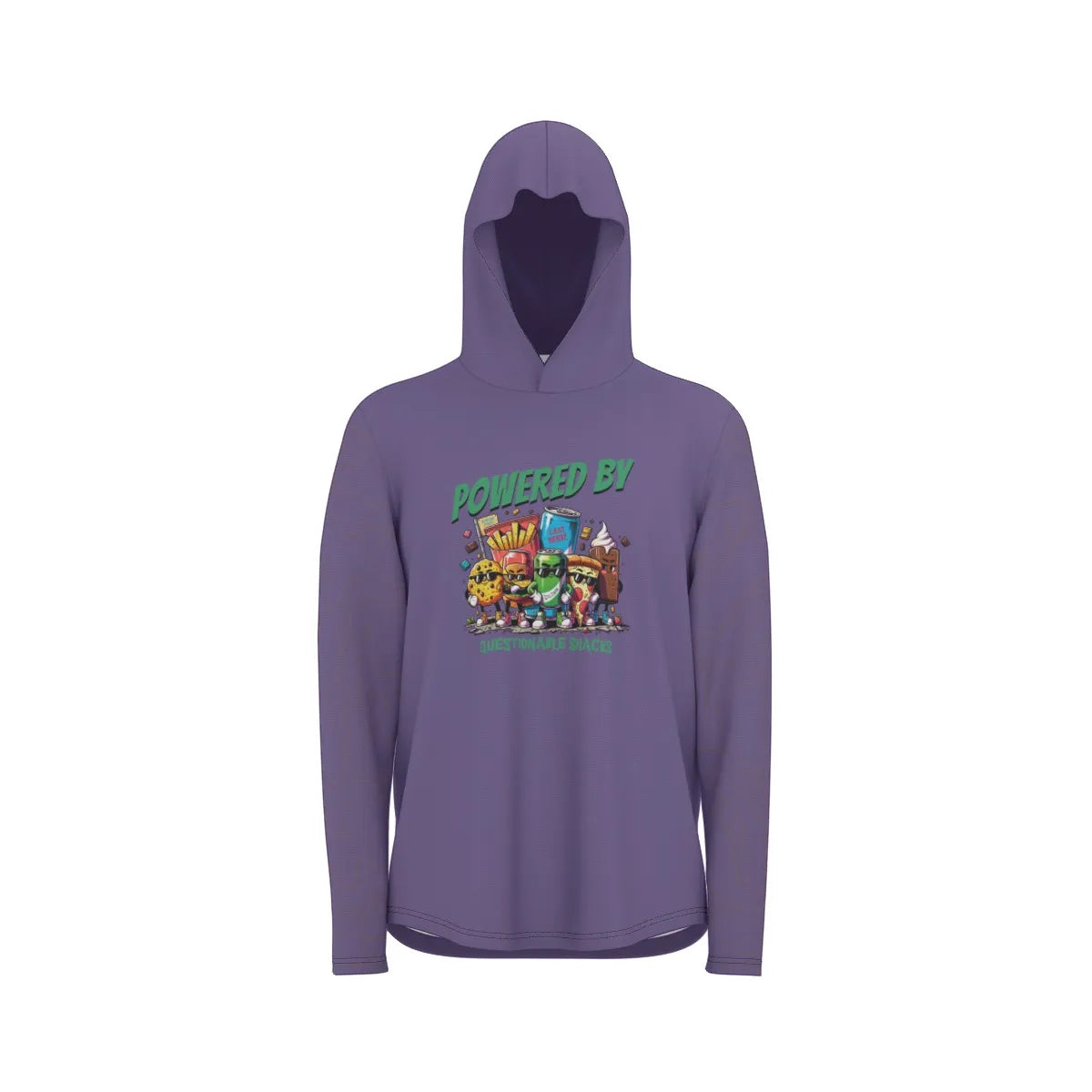 Powered By Questionable Snacks UV Sunscreen Sport Hoodie With Thumb Holes Heather Purple