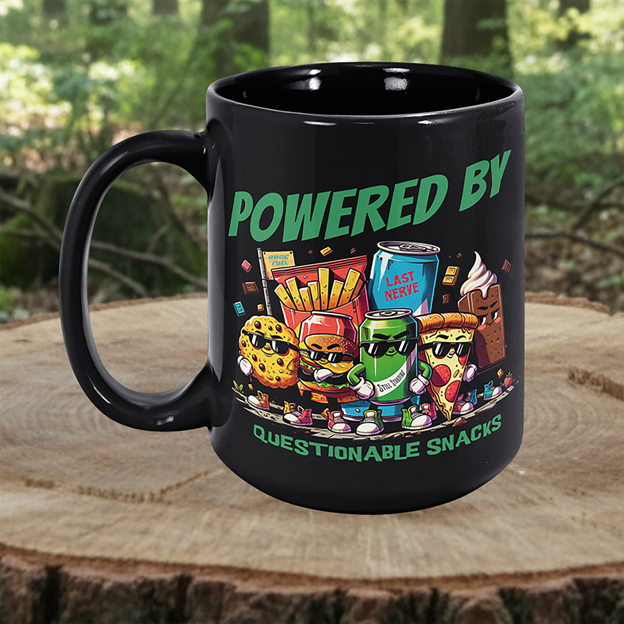 Powered By Questionable Snacks Black Mug, Funny, Sarcasm, Adventure Gift, Adventure Racing Gift